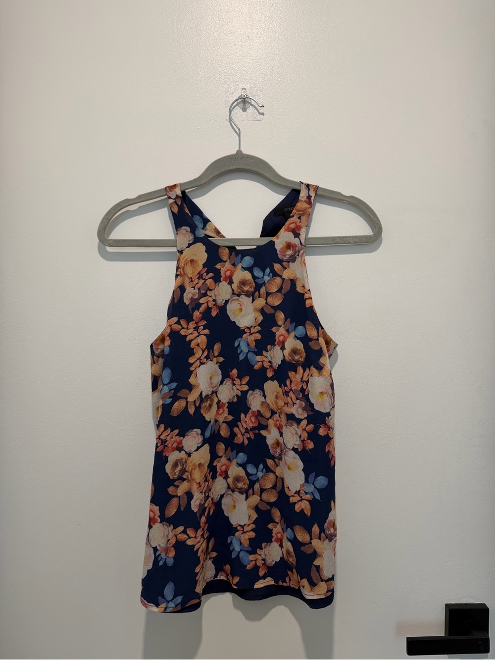 J. Crew Navy Floral Sleeveless Blouse with Peach and Cream Blooms